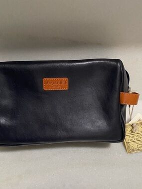 Black Leather Travel Dopp Kit with Tan Accents Moscardini Firenze